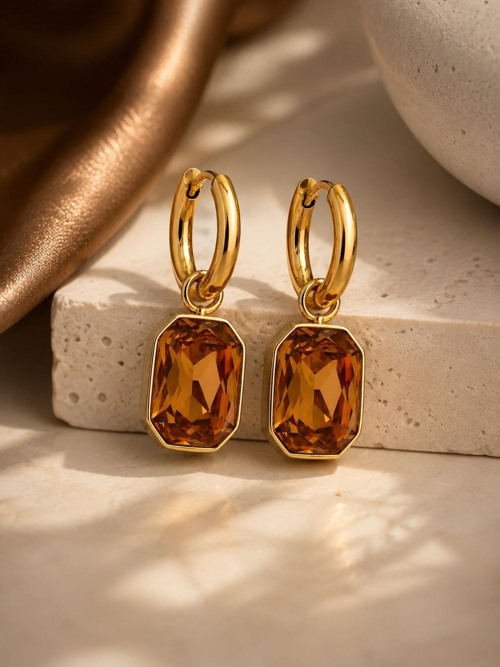 Gold Hoops with Amber Gem Drop - Picture 6 of 9